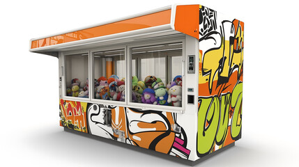 Graffiti-decorated claw machine filled with plush toys