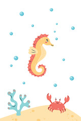 Vertical poster with seahorse on white background. Character in children's style. vector illustration.