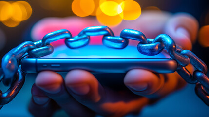 Close-up of chained smartphone in hand symbolizing digital security