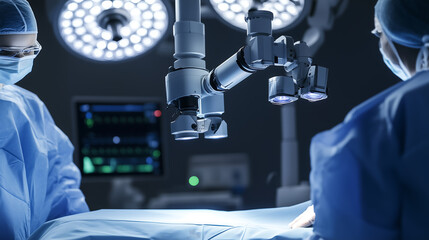 Surgeons using advanced surgical microscope in high-tech operating room