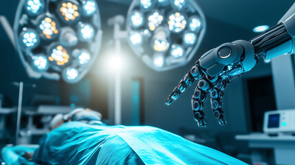 Robotic arm assisting in surgery in a futuristic operating room