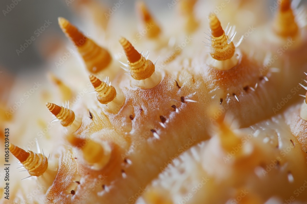 Poster this image presents a close-up view of a spiky surface in orange and yellow hues, offering an intric