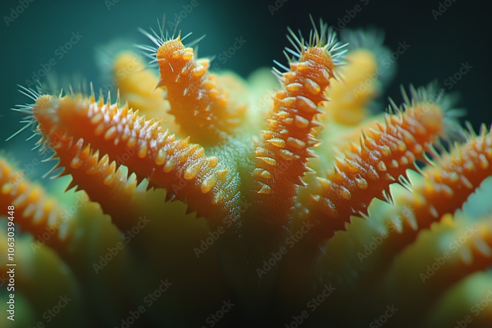 Aufkleber This macro image showcases abstract art through vibrant spiky formations, emphasizing intricate details with hues of orange and green, creating a striking visual interest.