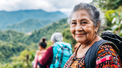 Elderly woman hiking with family in scenic mountain landscape