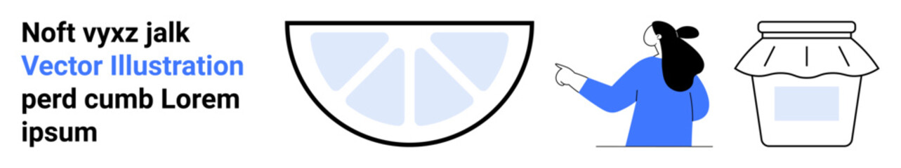 Woman pointing at lemon slice and jar of jam. Ideal for digital marketing, product promotion, recipe blogs, food websites, online stores, branding materials, educational content. Banner for landing