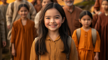 Smiling young girl with family in traditional clothing outdoors