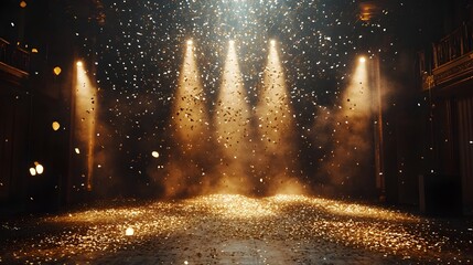 Obraz premium Glittering Confetti Raining on Festive Stage with Spotlights for Award Ceremony or New Year s Party
