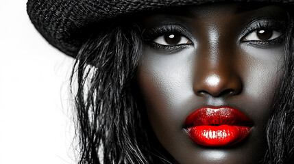 Close-up portrait of woman with bold red lipstick and textured black hat