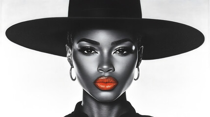 Close-up portrait of woman in black hat with bold red lipstick