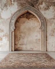 Ornate archway with intricate carvings and a rug in an ancient building.