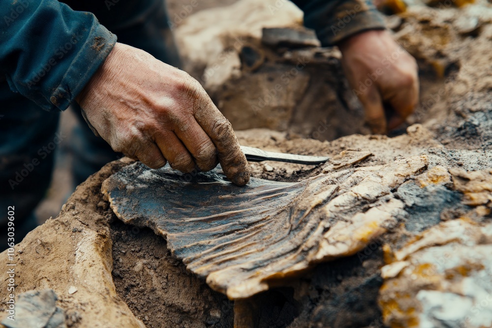Poster A pair of hands gently reveal a fossil rib from sediment, highlighting the delicate and precise nature of fossil excavation work in paleontological research.