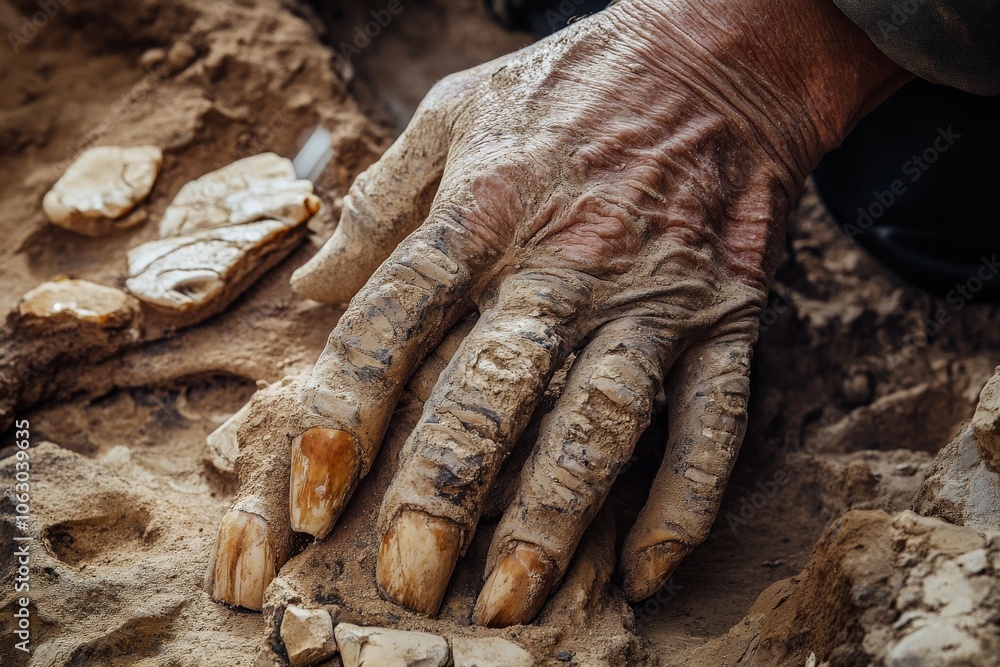 Poster a close-up of an ancient mammoth tusk partially buried, surrounded by mud and dirt, revealing natura