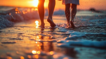 Romantic beachside stroll at sunset with a couple hand in hand amidst the soothing crashing of waves and peaceful serene landscape
