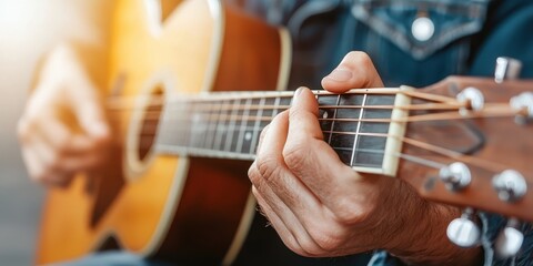 Fototapeta premium Person playing acoustic guitar, close-up of hands and strings, soft lighting.