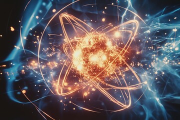 A visually stunning atom depicted with fiery orange nucleus and orbiting electron trails glowing in blue, representing atomic science, energy, and creativity in art.