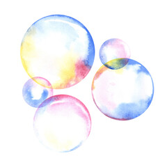 Soap bubbles watercolor painting . Fleeting spheres, weightless balls and foam Bubbles composition. Watercolor illustration for cards design, festive decoration, package and advertising.
