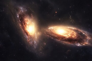Fototapeta premium Two galaxies swirling and merging, creating a beautiful cosmic dance. The scene illustrates the unity and dynamic interactions within the universe.