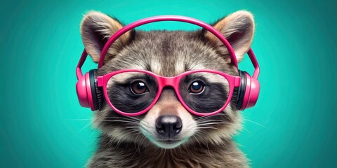 Fototapeta premium Playful Raccoon with Pink Glasses and Headphones on a Turquoise Background - Fun and Quirky Wildlife Photography