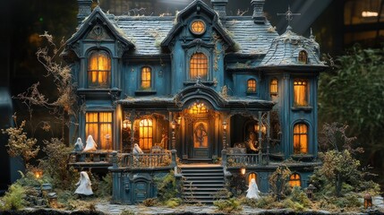 Fototapeta premium A detailed miniature haunted house with glowing windows and figures.