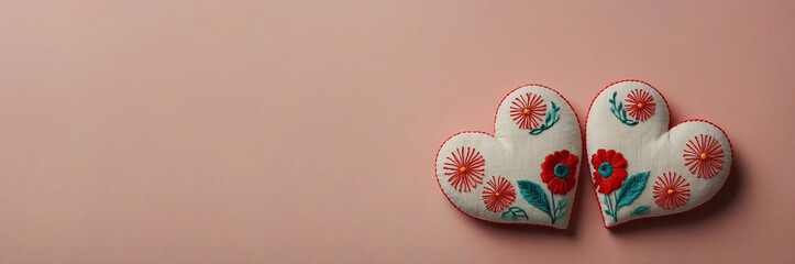 Floral Embroidered Heart-Shaped Cushions on Pastel Background