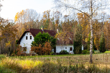 An old country house lost deep in the forest on a sunny autumn day.