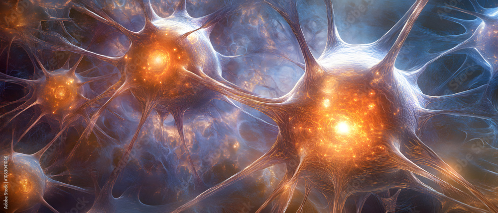Poster abstract neuron cell network with glowing core neuroscience illustration, abstract neuron cell netwo