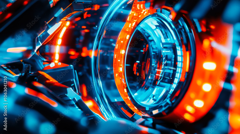 Poster close-up view of a futuristic mechanical structure illuminated with vibrant blue and orange lights i