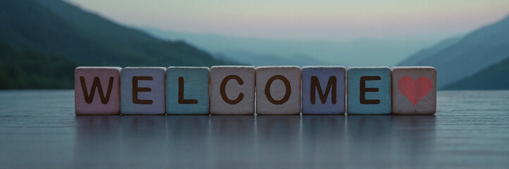 Welcome Sign with Stone Blocks in Scenic Mountain Setting