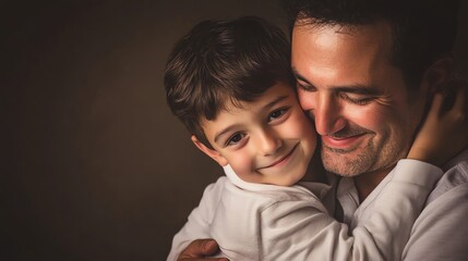 Fototapeta premium A father and son are smiling at each other.