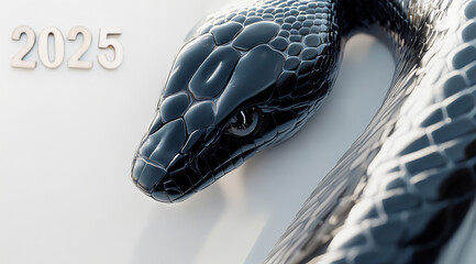 Naklejka premium A close-up of a sleek black snake coiled against a light background with the year 2025 displayed prominently nearby
