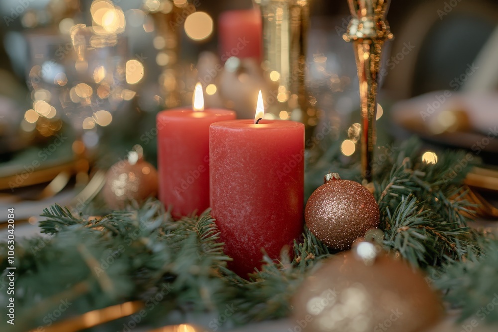 Poster the scene captures a cozy setting with three red candles surrounded by gold baubles and evergreen br
