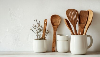 Wooden kitchen utensils and cutlery on the counter in Scandinavian style, close-up