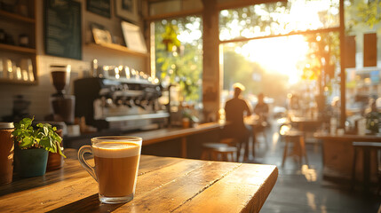 Fototapeta premium A highly detailed photography of a cozy coffee shop during the morning rush, with a freshly brewed cup of coffee sitting on a wooden table, sunlight streaming through the windows, and people chatting