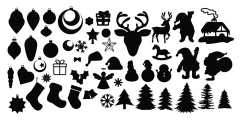 Set of silhouette Christmas element vector. Decorative elements of tree, bauble, santa, reindeer, house, snowflake, angel. Design for sticker, holidays, Happy New year, season's greetings card.