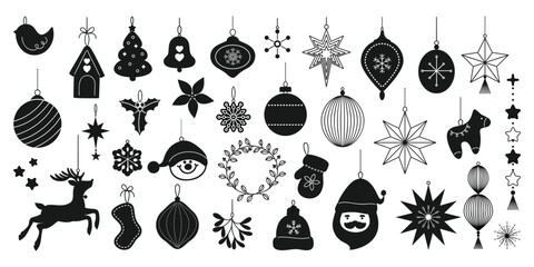 Set of silhouette Christmas element vector. Decorative elements of tree, bauble, santa, reindeer, house, holly, snowflake. Design for sticker, holidays, Happy New year, season's greetings card. © babeer