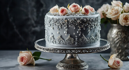 Crystal-encrusted cake with intricate lace frosting details on a luxury silver background