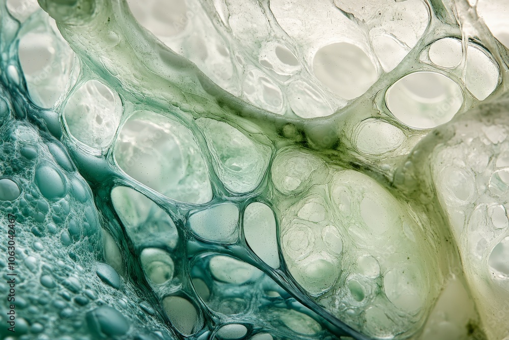 Poster This image features an abstract formation of translucent, glass-like structures with a mesmerizing array of bubbles and soft, flowing light in green and blue tones.