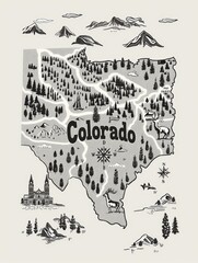Hand-drawn map of Colorado with iconic landmarks and nature scenes.