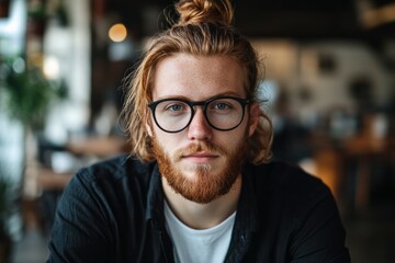 Obraz premium Portrait of a man with black glasses, ginger hair in a bun and beard, wearing a black shirt