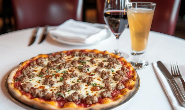 Delicious meat pizza served with a refreshing beverage at a cozy restaurant during dinner time - Powered by Adobe