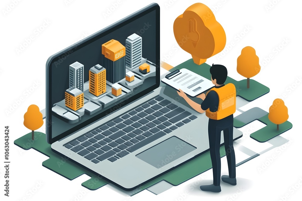 Poster flat character setting up digital product roadmap on laptop