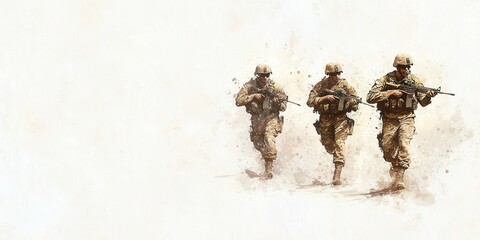 Obraz premium Soldiers marching in formation, white isolate background
