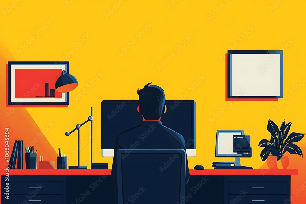 Aufkleber flat styled character leading virtual product update discussion via three colored presentation