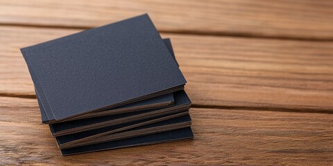 Stack of black business cards on a wooden surface.