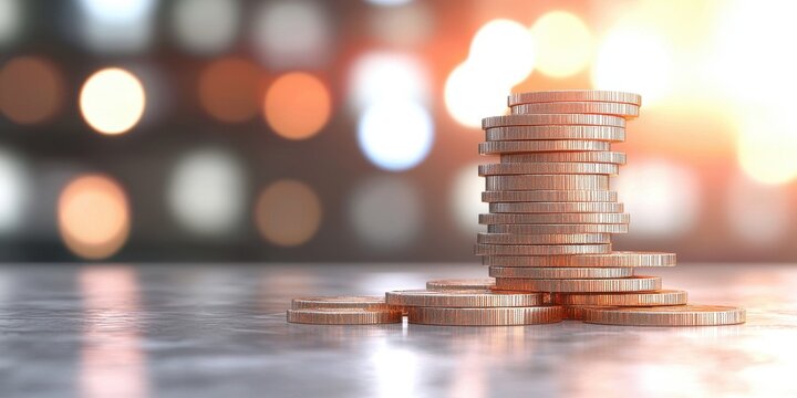 Stack of coins shining under soft light, detailed view.