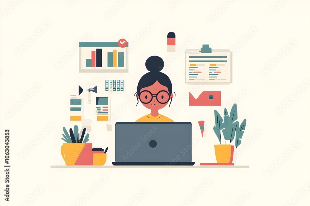 Poster minimalist of person analyzing digital product metrics on laptop in simplified color scheme