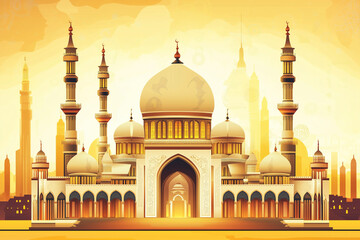 Obraz premium Islamic traditional ornament masjid illustrations with intricate geometric patterns and calligraphy. Soft, warm lighting. Abstract, elegant background.
