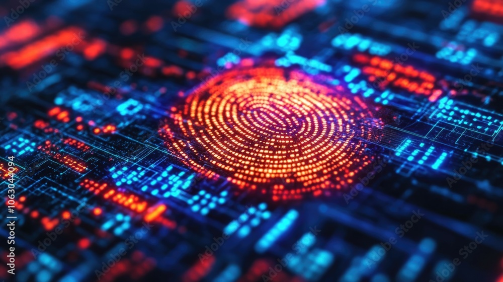 Poster a futuristic digital fingerprint being scanned with layers of vibrant security shields and encrypted