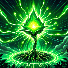 A glowing green plant with roots and light emanating from its center. The plant has a bright green glow and intricate details, surrounded by a ring of light and dark green foliage.