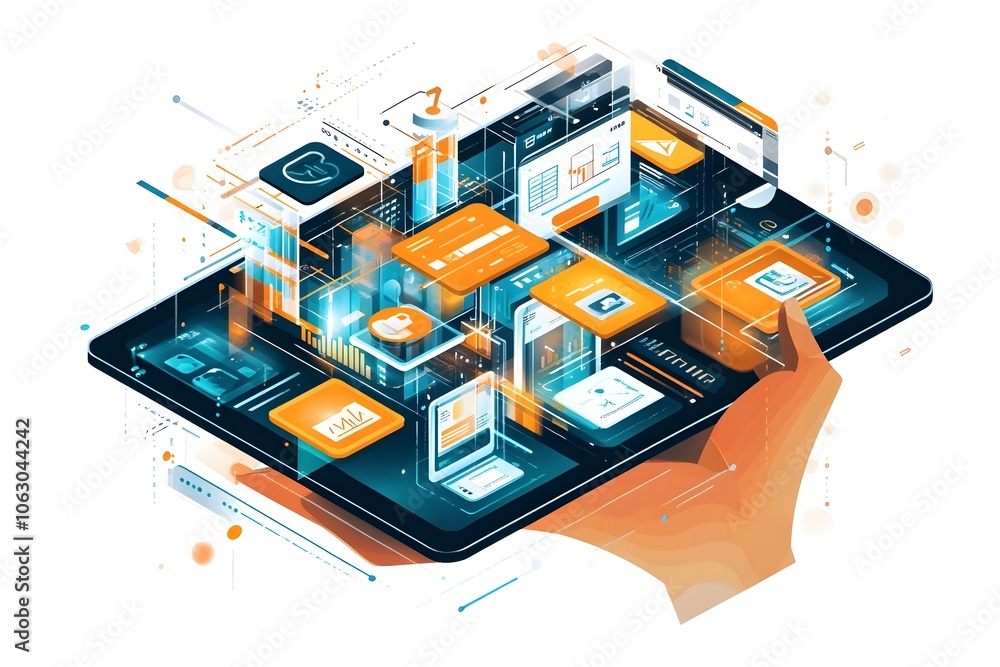 Poster digital marketplace on tablet with customized product suggestions for browsing and e commerce